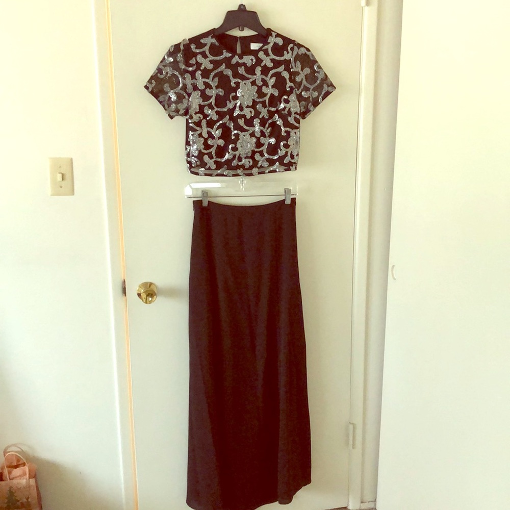 Ali & Jay 2 Piece Black & Silver Skirt Top Evening Set